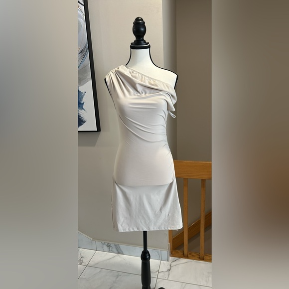 SHEIN Cream Ruched Sheath Midi Dress off the shoulder Cocktail - Picture 2 of 4